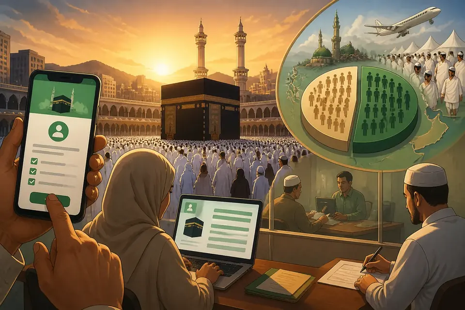 Animated editorial illustration for: Hajj 2027 application date changed, submissions start August 18