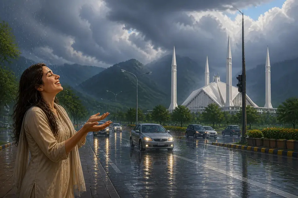 Animated editorial illustration for: Heavy rain in Islamabad brings relief from humidity
