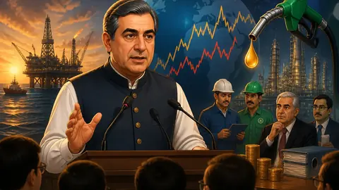 Animated editorial illustration for: I only implement global fuel prices, says Petroleum Minister Ali Pervaiz Malik