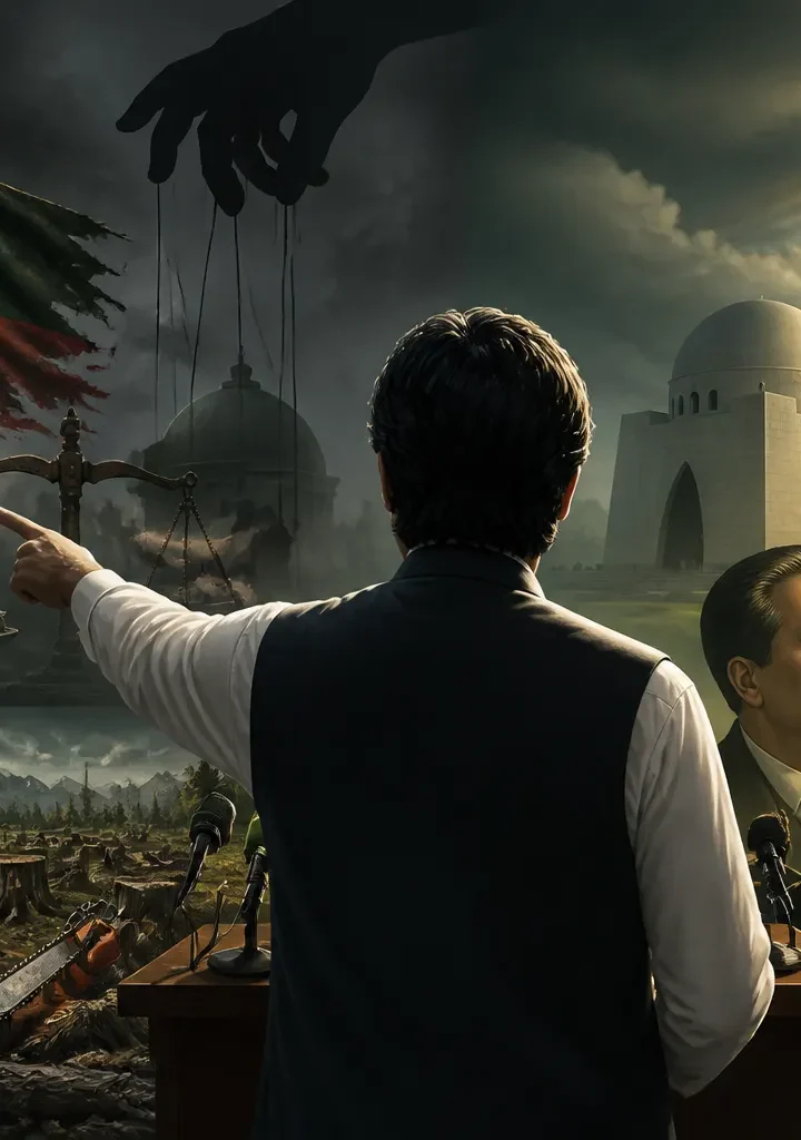 Animated editorial illustration for: Ikhtiar Wali Accuses PTI of Anti-State Actions and Poor Governance