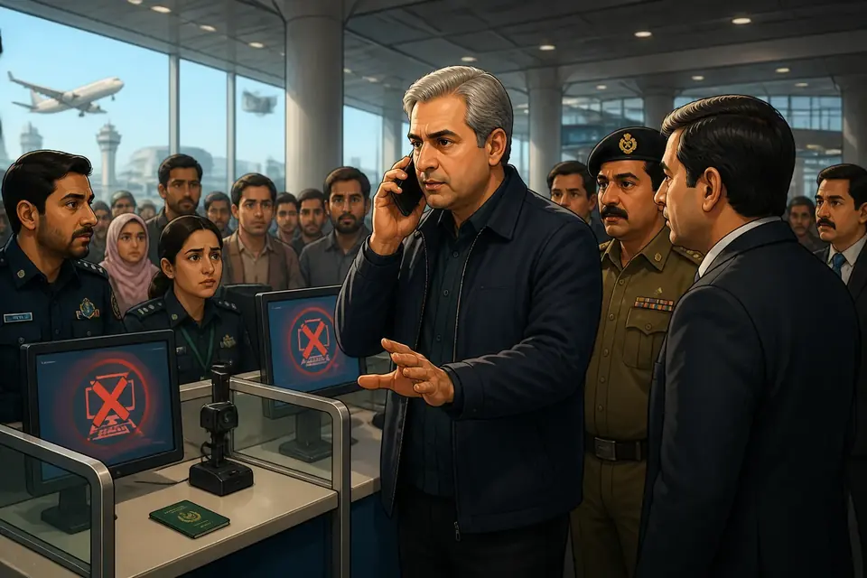 Animated editorial illustration for: Immigration system failure at Karachi airport causes delays during Minister’s visit