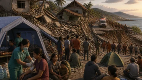 Animated editorial illustration: Indonesia Earthquake Kills At Least 51, Thousands Evacuated. A magnitude-7.7 earthquake in eastern Indonesia on Saturday morning has killed at least 51 people and injured dozens more, authorities reported on Sunday.