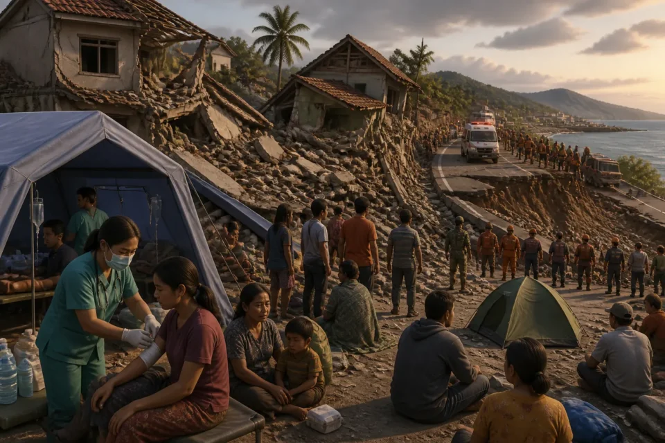 Animated editorial illustration: Indonesia Earthquake Kills At Least 51, Thousands Evacuated. A magnitude-7.7 earthquake in eastern Indonesia on Saturday morning has killed at least 51 people and injured dozens more, authorities reported on Sunday.