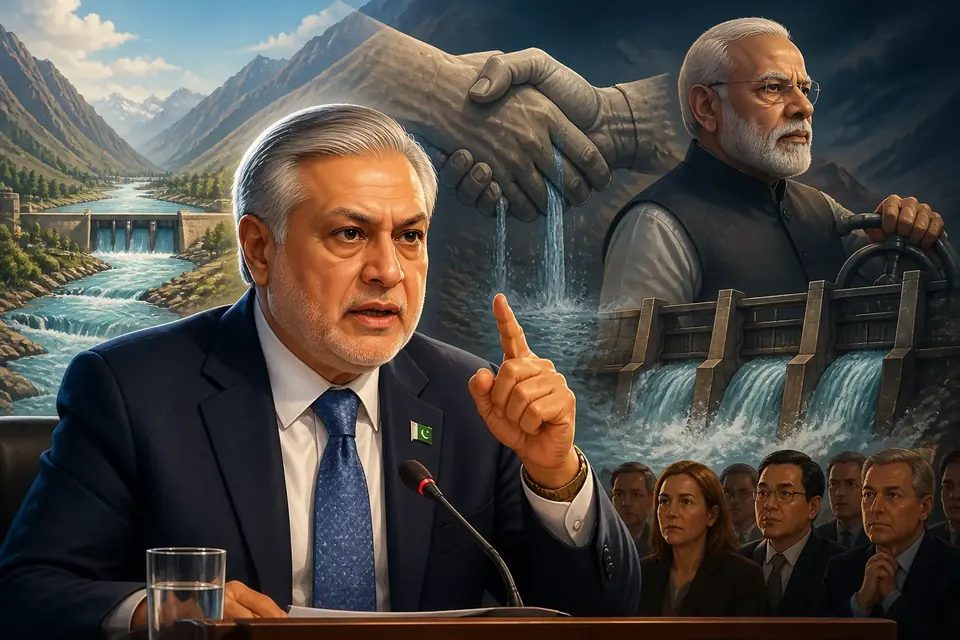 Animated editorial illustration for: Dar Reiterates IWT is a Legal Framework, Links Water to National Security