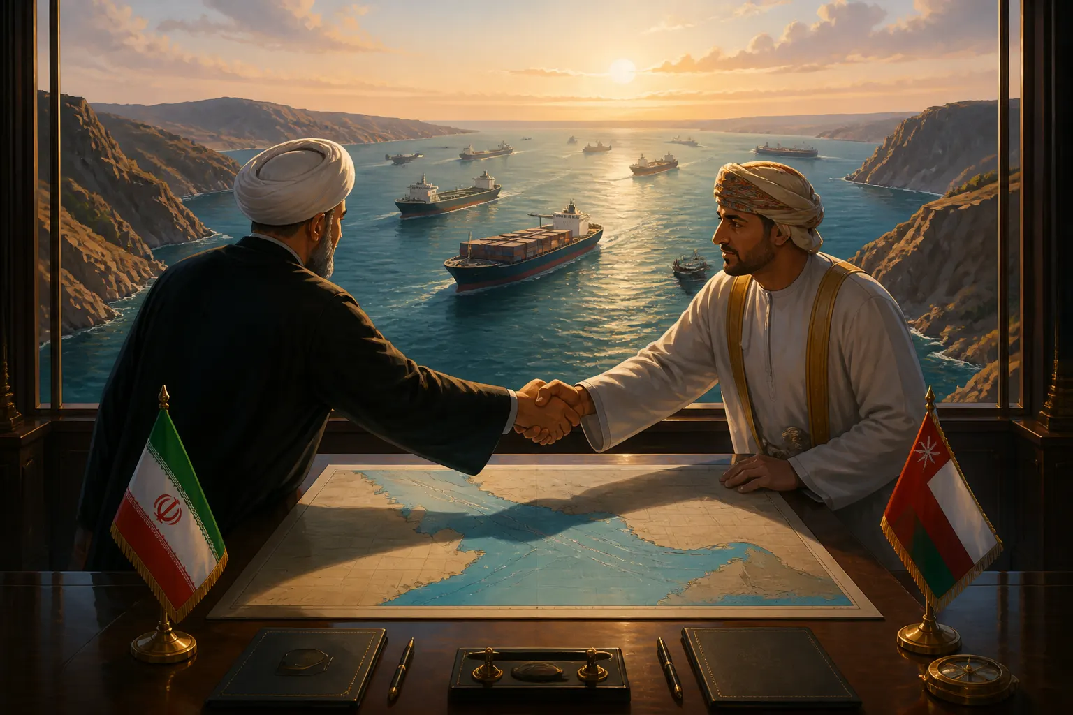 Animated editorial illustration for: Iran and Oman Agree on Shipping Route Map for Strait of Hormuz