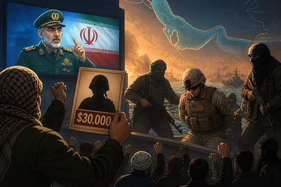 Animated editorial illustration for: Iran Announces $30,000 Reward for Killing or Capturing US Soldiers