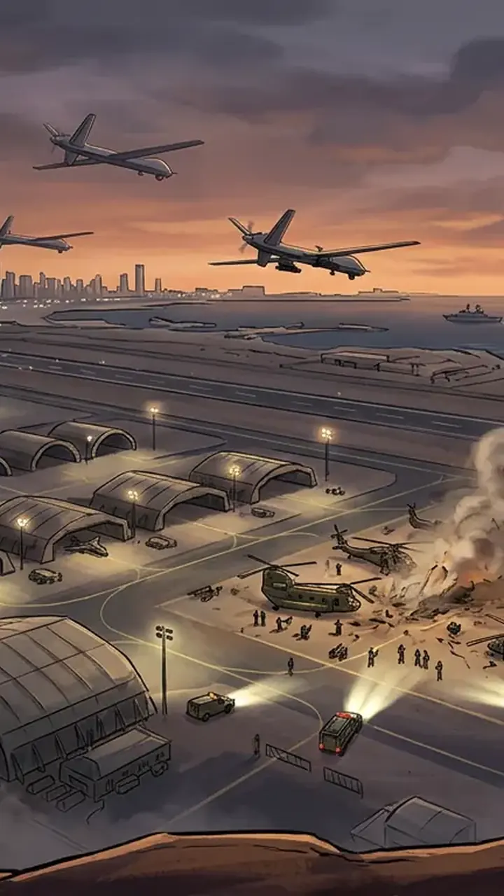 Animated editorial illustration for: Iran claims strikes on US bases in Jordan, UAE; Emirates denies attack