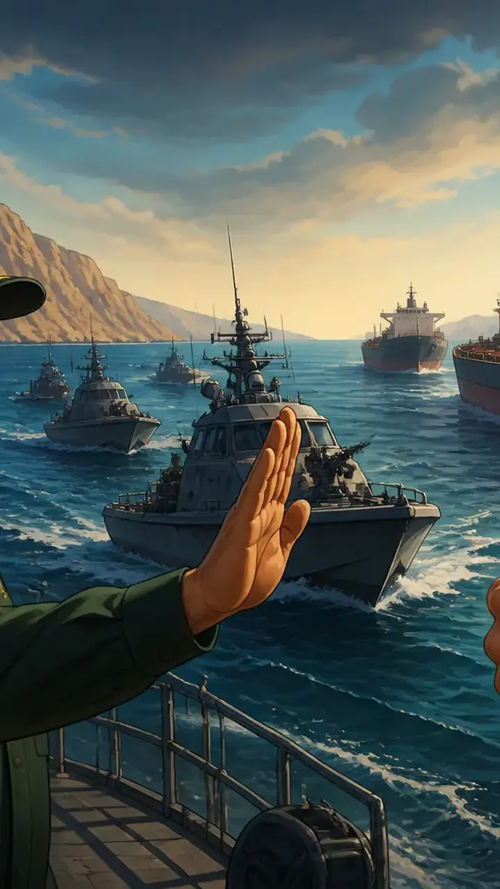 Animated editorial illustration for: Another Ship Reportedly Attacked in Strait of Hormuz Amid Standoff