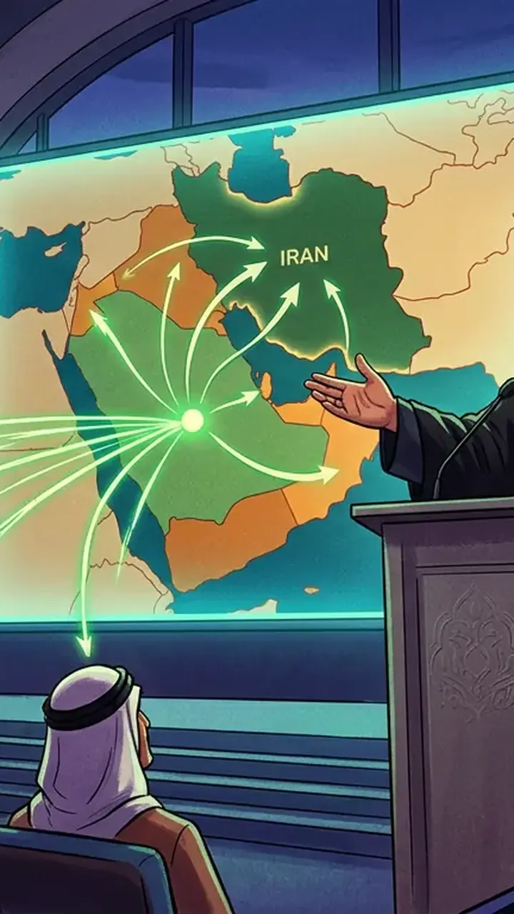 Animated editorial illustration for: Iran’s Supreme Leader urges Gulf rulers to unite against ‘real enemy’