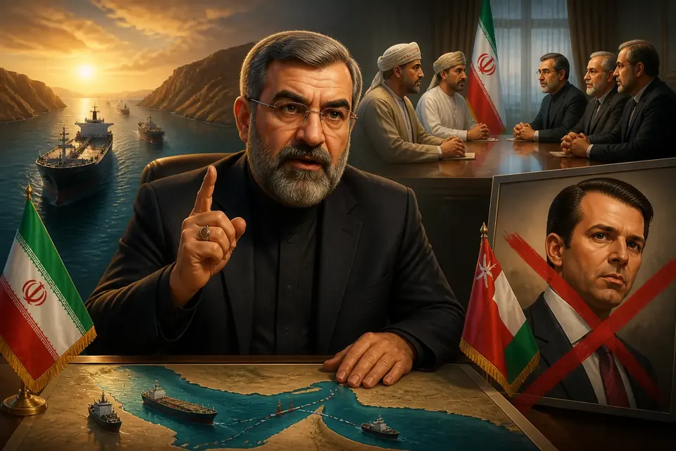 Animated editorial illustration for: Iran Warns US of ‘Historic Damage’ Amid Strait of Hormuz Tensions