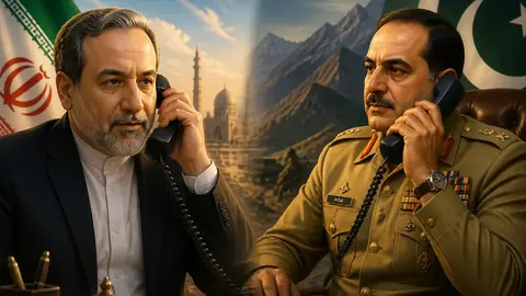 Animated editorial illustration for: Iranian Foreign Minister Araghchi, COAS Asim Munir discuss regional situation by phone