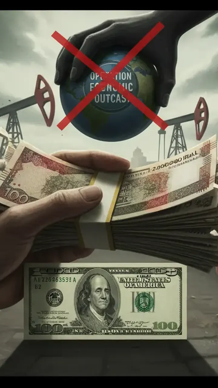 Animated editorial illustration for: Iranian Rial Hits Record Low Against US Dollar Amid Sanctions