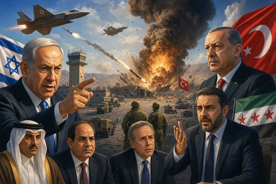 Animated editorial illustration for: Pakistan condemns Israeli airstrike on Syrian airbase