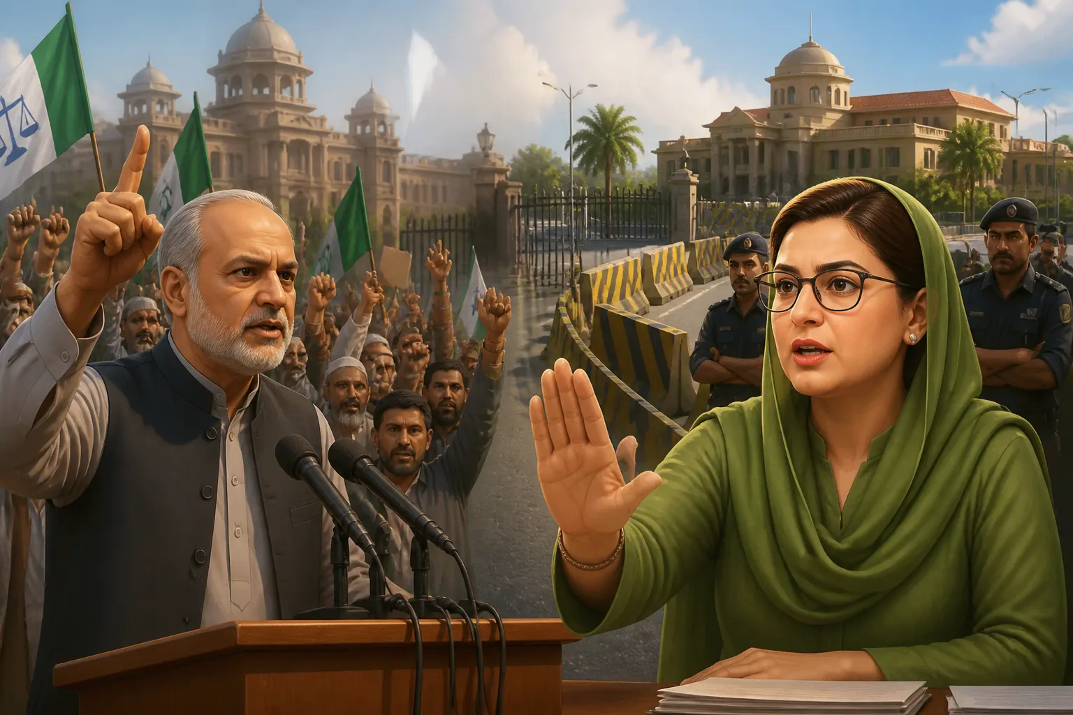 Animated editorial illustration: Jamaat-e-Islami to Protest Petroleum Levy; Punjab Govt Warns Against Roadblocks. Jamaat-e-Islami (JI) has announced it will hold sit-in protests on August 16 against the petroleum levy, prompting a warning from the Punjab government against any attempts to block…