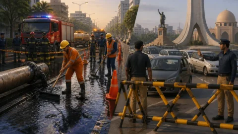 اس خبر کے لیے متحرک اداریاتی خاکہ: کراچی میں تیل کے رساؤ اور سڑکوں کی بندش سے ٹریفک میں خلل جاری
