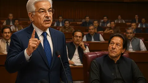 Animated editorial illustration for: Khawaja Asif claims Imran Khan has no health issues in NA speech