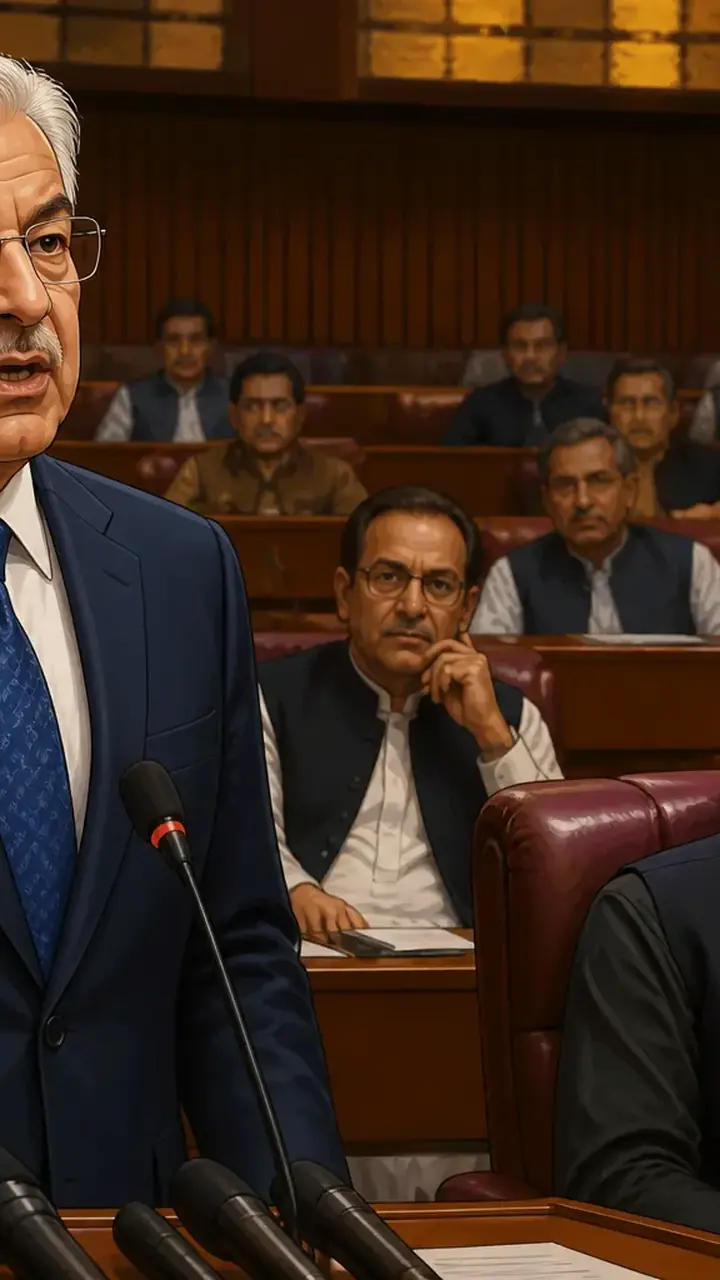 Animated editorial illustration for: Khawaja Asif claims Imran Khan has no health issues in NA speech