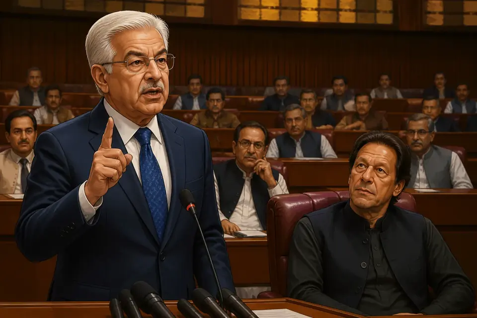 Animated editorial illustration for: Khawaja Asif claims Imran Khan has no health issues in NA speech