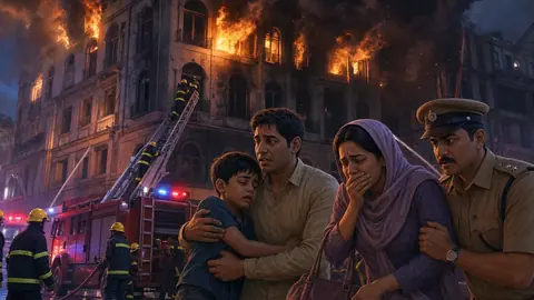 Animated editorial illustration for: Kolkata hotel fire kills nine, including Bangladeshi nationals
