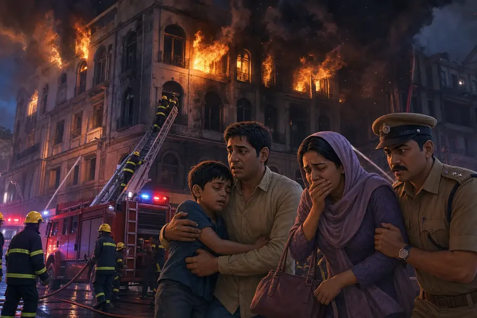 Animated editorial illustration for: Kolkata hotel fire kills nine, including Bangladeshi nationals