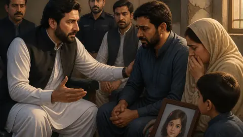 Animated editorial illustration for: KP CM visits family of murdered girl, vows ‘exemplary punishment’