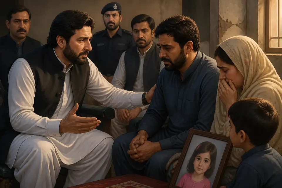 Animated editorial illustration for: KP CM visits family of murdered girl, vows ‘exemplary punishment’