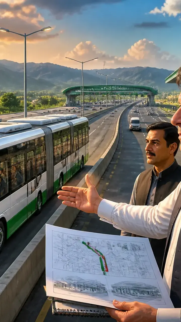 Animated editorial illustration for: KP government considers extending BRT service to M-1 Motorway