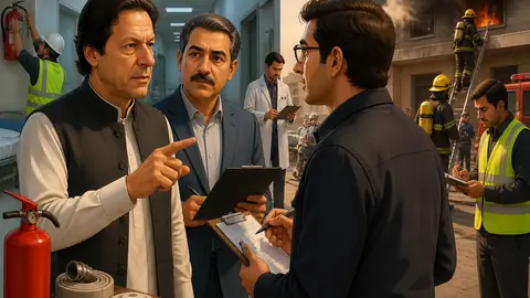 Animated editorial illustration for: KP to review fire safety at all hospitals after PIMS incident