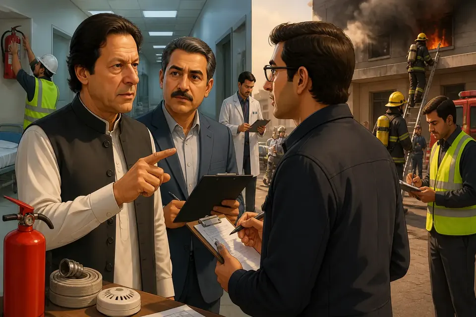 Animated editorial illustration for: KP to review fire safety at all hospitals after PIMS incident