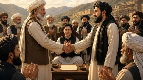 Animated editorial illustration for: Kurram Jirga Succeeds in Renewing Peace Deal Between Alizai, Watezai Tribes