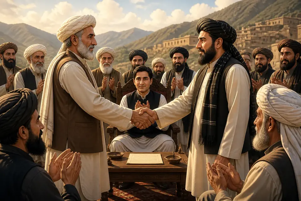 Animated editorial illustration for: Kurram Jirga Succeeds in Renewing Peace Deal Between Alizai, Watezai Tribes