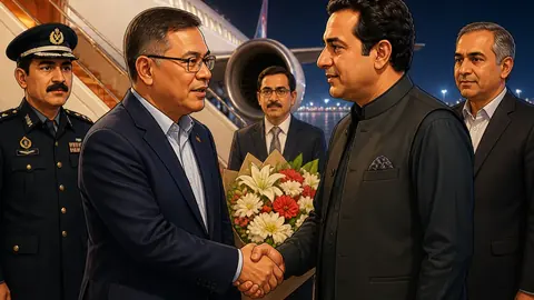 Animated editorial illustration for: Malaysian Interior Minister Arrives in Pakistan for Two-Day Visit