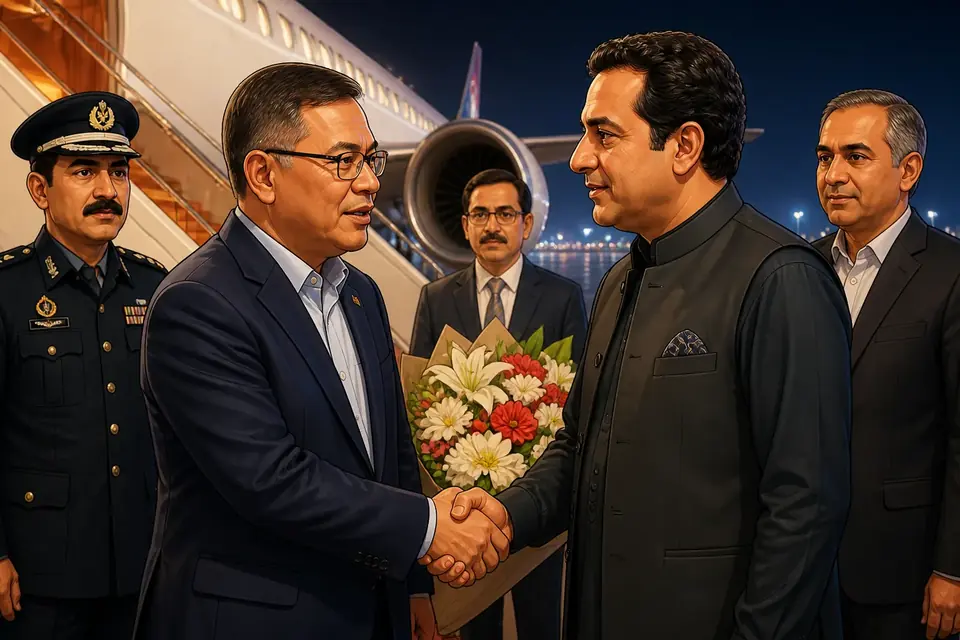 Animated editorial illustration for: Malaysian Interior Minister Arrives in Pakistan for Two-Day Visit