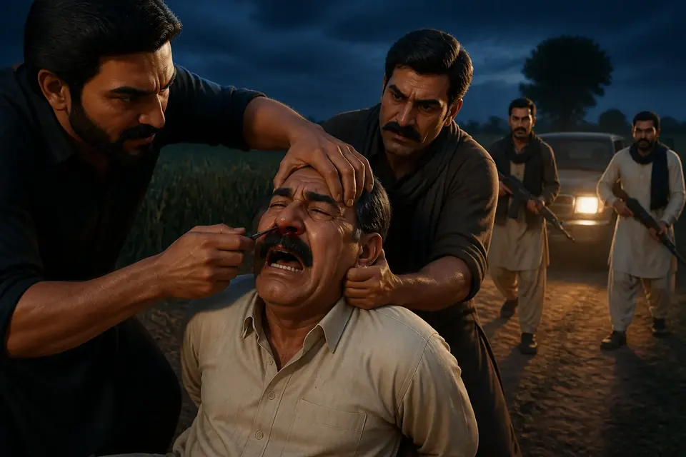 Animated editorial illustration for: Man’s nose severed in Rahim Yar Khan over son’s love marriage