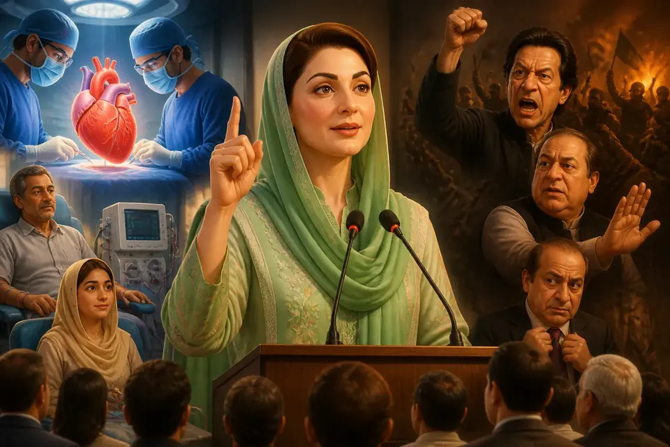Animated editorial illustration for: Maryam Nawaz announces free heart transplants, criticises rival parties