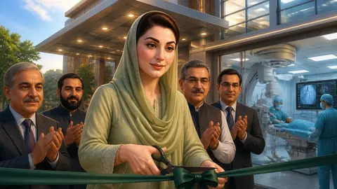 Animated editorial illustration for: Maryam Nawaz inaugurates Lahore cardiac institute, announces free treatment