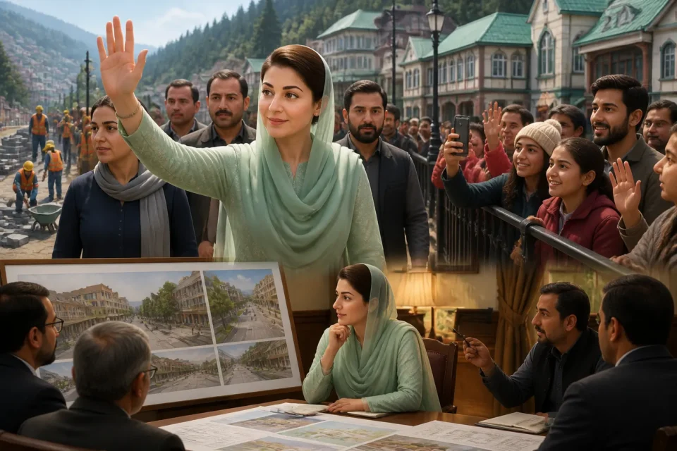 Animated editorial illustration: Maryam Nawaz Visits Murree, Inspects Mall Road Development Project. Punjab Chief Minister Maryam Nawaz Sharif visited Murree on Sunday, where she inspected an ongoing development project on the city's famous Mall Road.