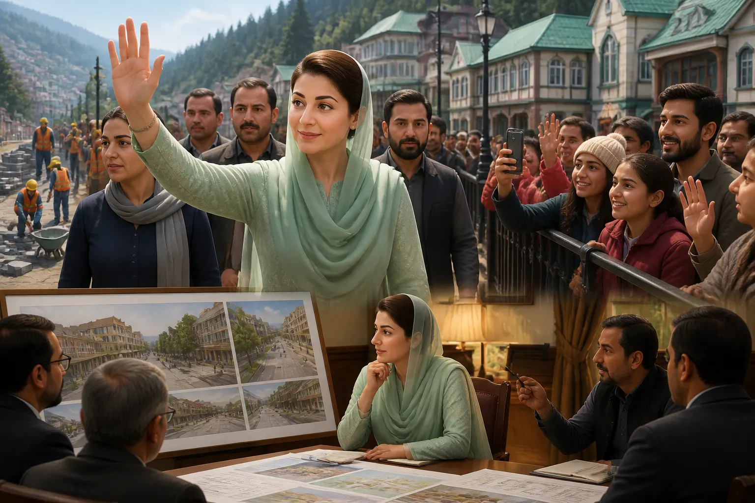 Animated editorial illustration: Maryam Nawaz Visits Murree, Inspects Mall Road Development Project. Punjab Chief Minister Maryam Nawaz Sharif visited Murree on Sunday, where she inspected an ongoing development project on the city's famous Mall Road.