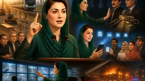 Animated editorial illustration for: Maryam Nawaz declares zero-tolerance policy on corruption