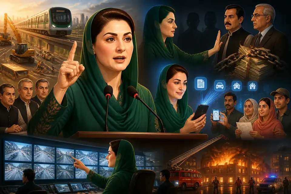 Animated editorial illustration for: Maryam Nawaz declares zero-tolerance policy on corruption
