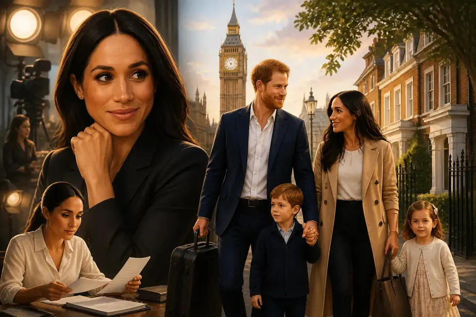 Animated editorial illustration for: Meghan Markle Considers Acting Return Amid UK Move with Prince Harry