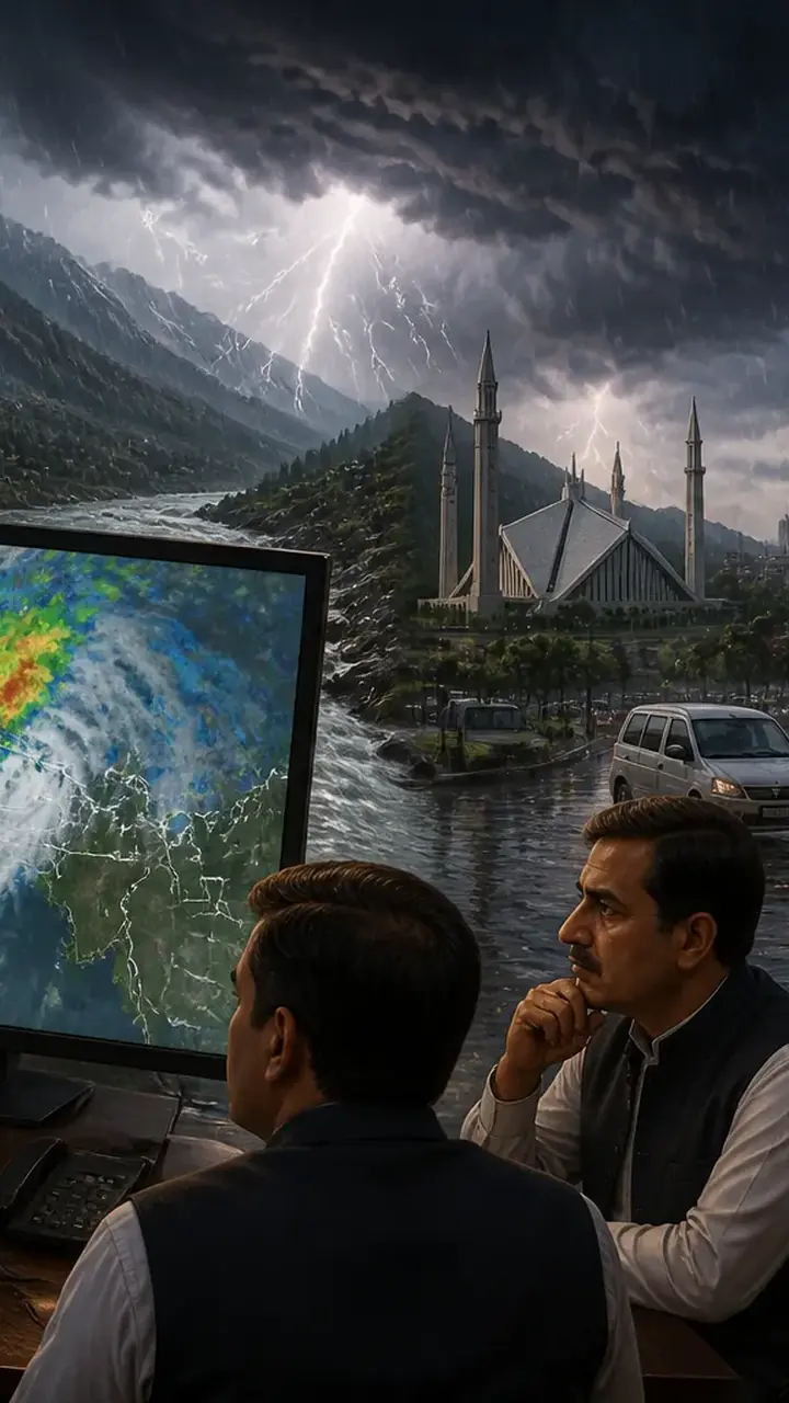 Animated editorial illustration for: PDMA issues heavy rain, urban flooding alert for Punjab until Sept 5
