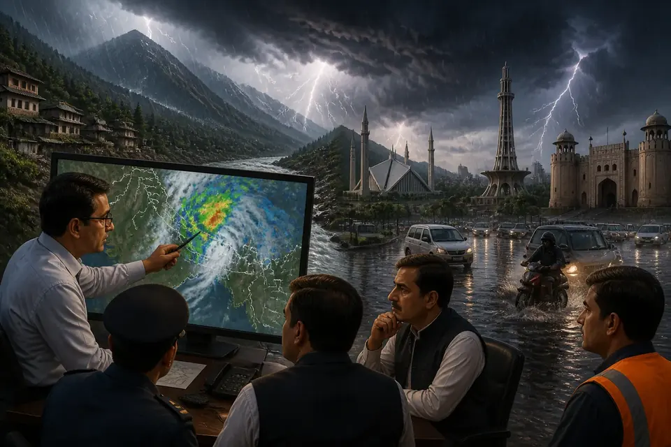 Animated editorial illustration for: PDMA issues heavy rain, urban flooding alert for Punjab until Sept 5