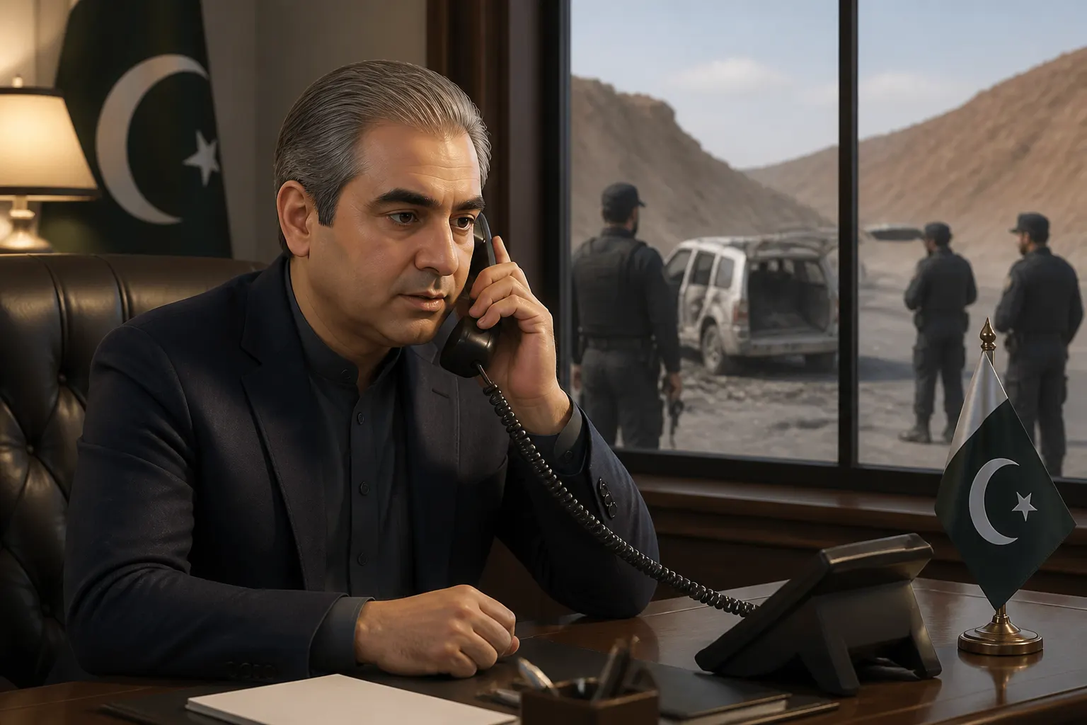 Animated editorial illustration: Mohsin Naqvi Contacts Balochistan Minister After Attack Foiled in Mastung. Federal Interior Minister Mohsin Naqvi on Tuesday contacted Balochistan's Home Minister, Mir Ziaullah Langau, by telephone following a foiled attack in Mastung.