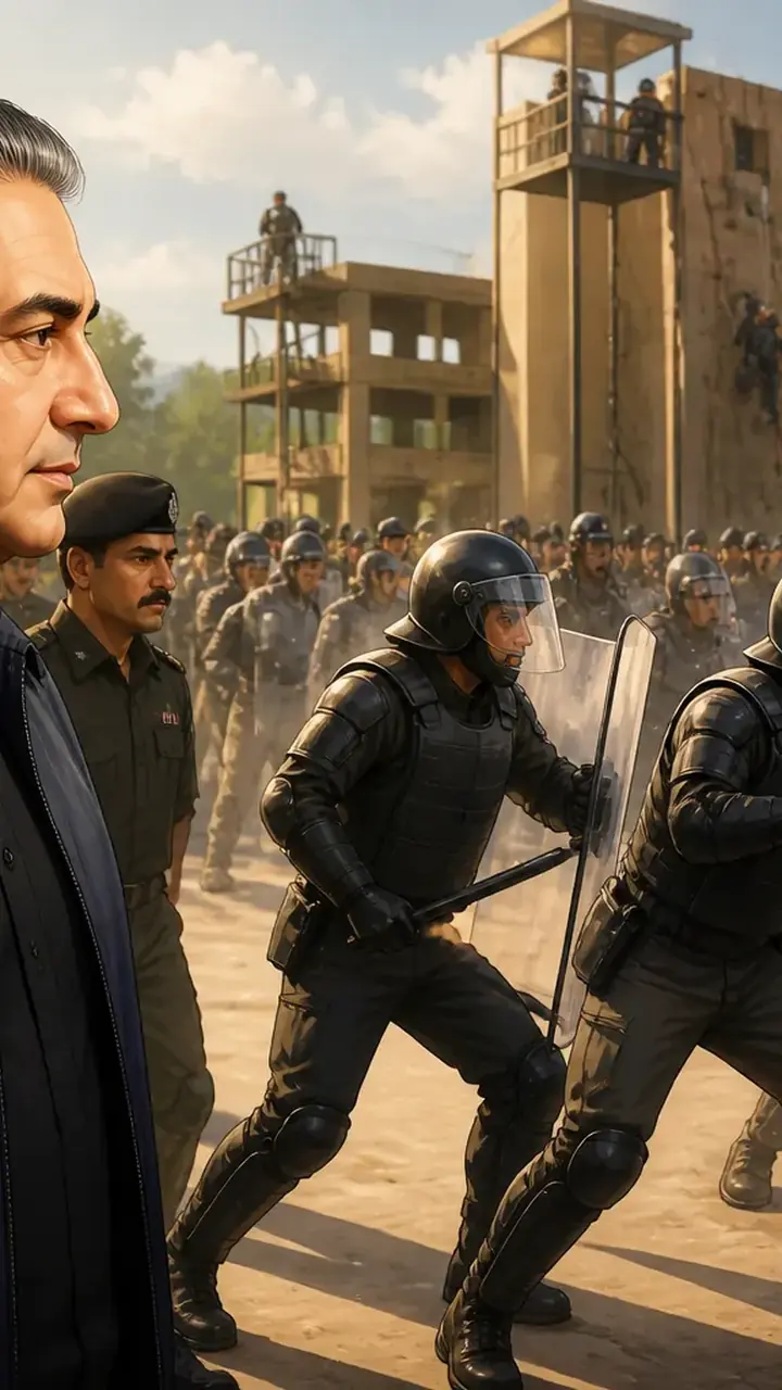 Animated editorial illustration for: Mohsin Naqvi announces reward for FC personnel during training centre visit