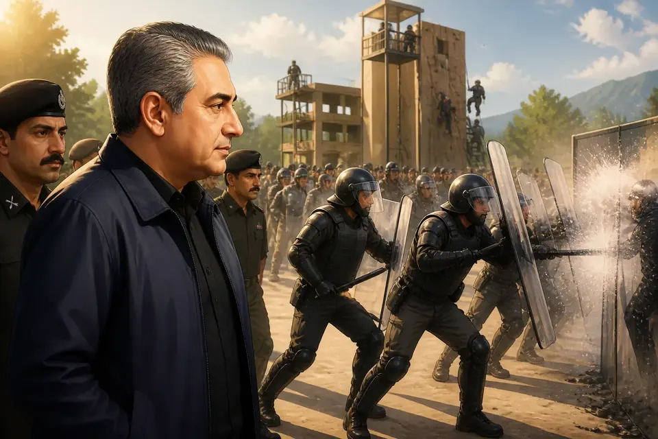 Animated editorial illustration for: Mohsin Naqvi announces reward for FC personnel during training centre visit