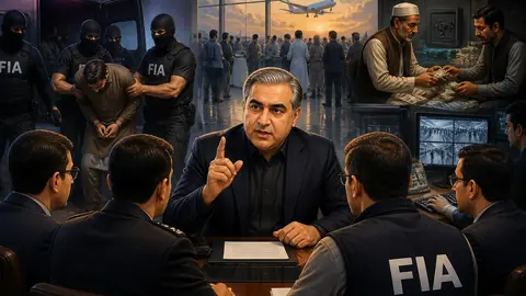 Animated editorial illustration for: Mohsin Naqvi orders crackdown on human smuggling, Hawala mafias