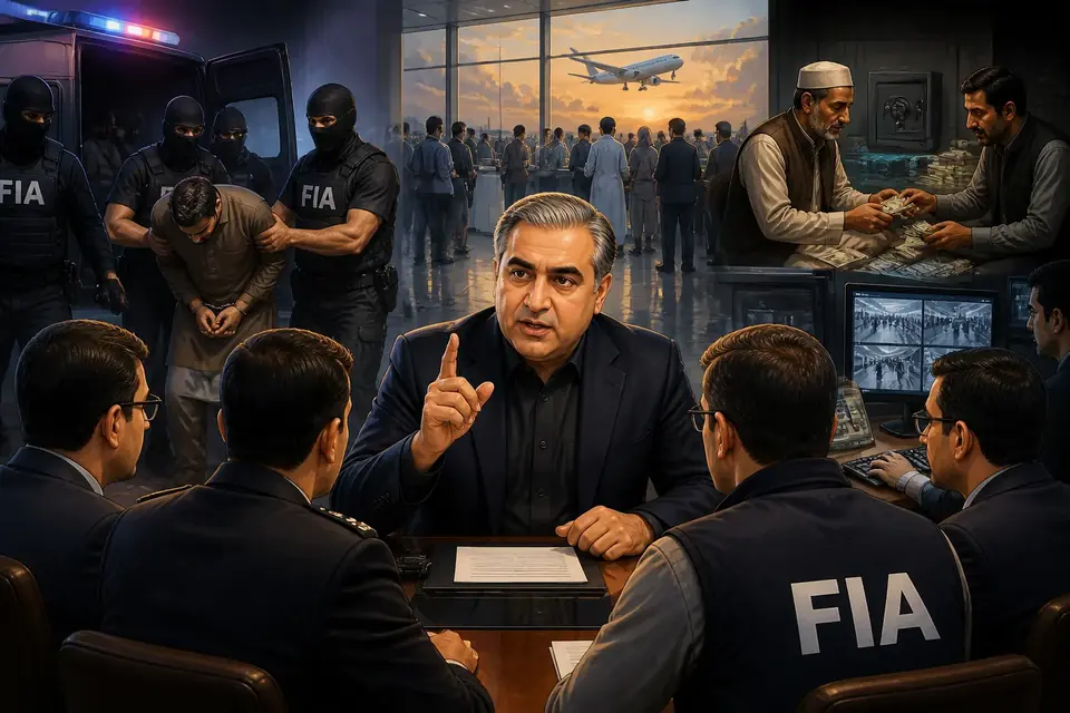 Animated editorial illustration for: Mohsin Naqvi orders crackdown on human smuggling, Hawala mafias