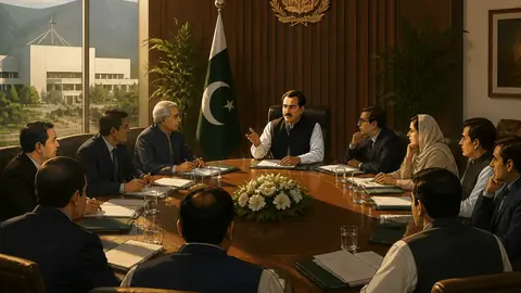 Animated editorial illustration for: NA Speaker Ayaz Sadiq Convenes Business Advisory Committee Meeting