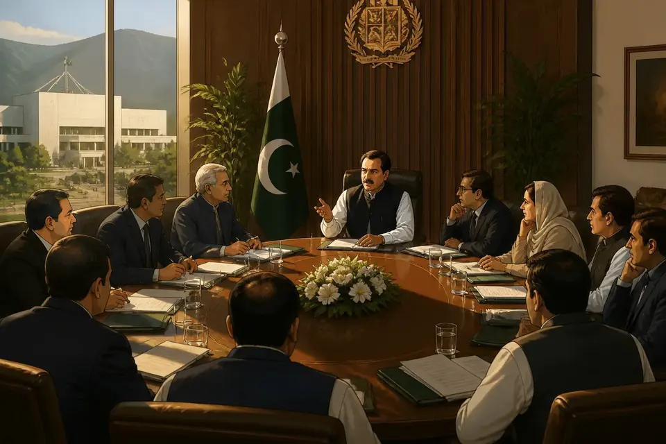 Animated editorial illustration for: NA Speaker Ayaz Sadiq Convenes Business Advisory Committee Meeting